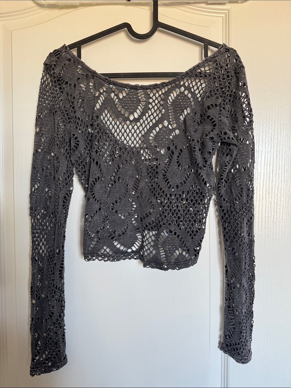 Urban Outfitters Charcoal Crochet Long-Sleeve Crop Top